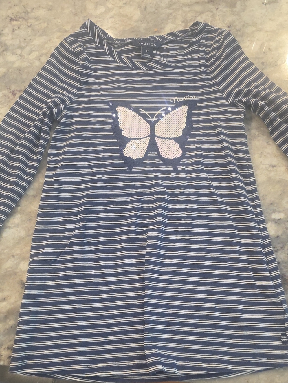 Nautica Navy and White Striped Long Sleeve Dress with Sequin Butterfly